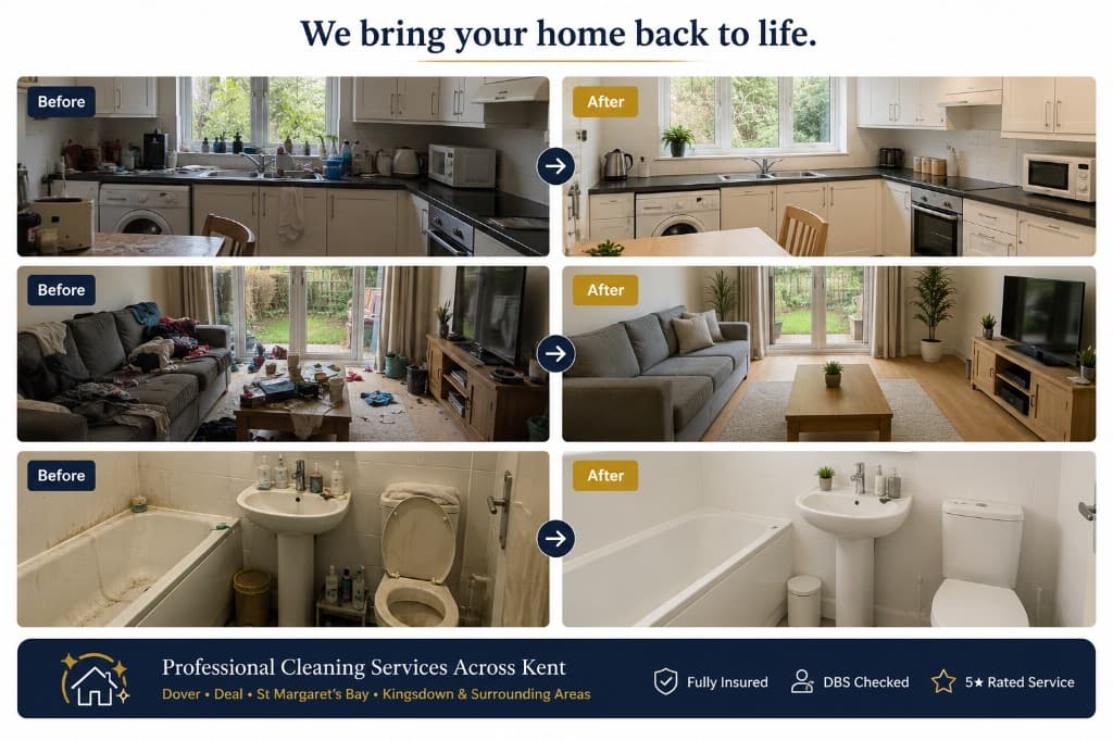 Before and after cleaning results — kitchen, living room and bathroom transformations by HomeKent